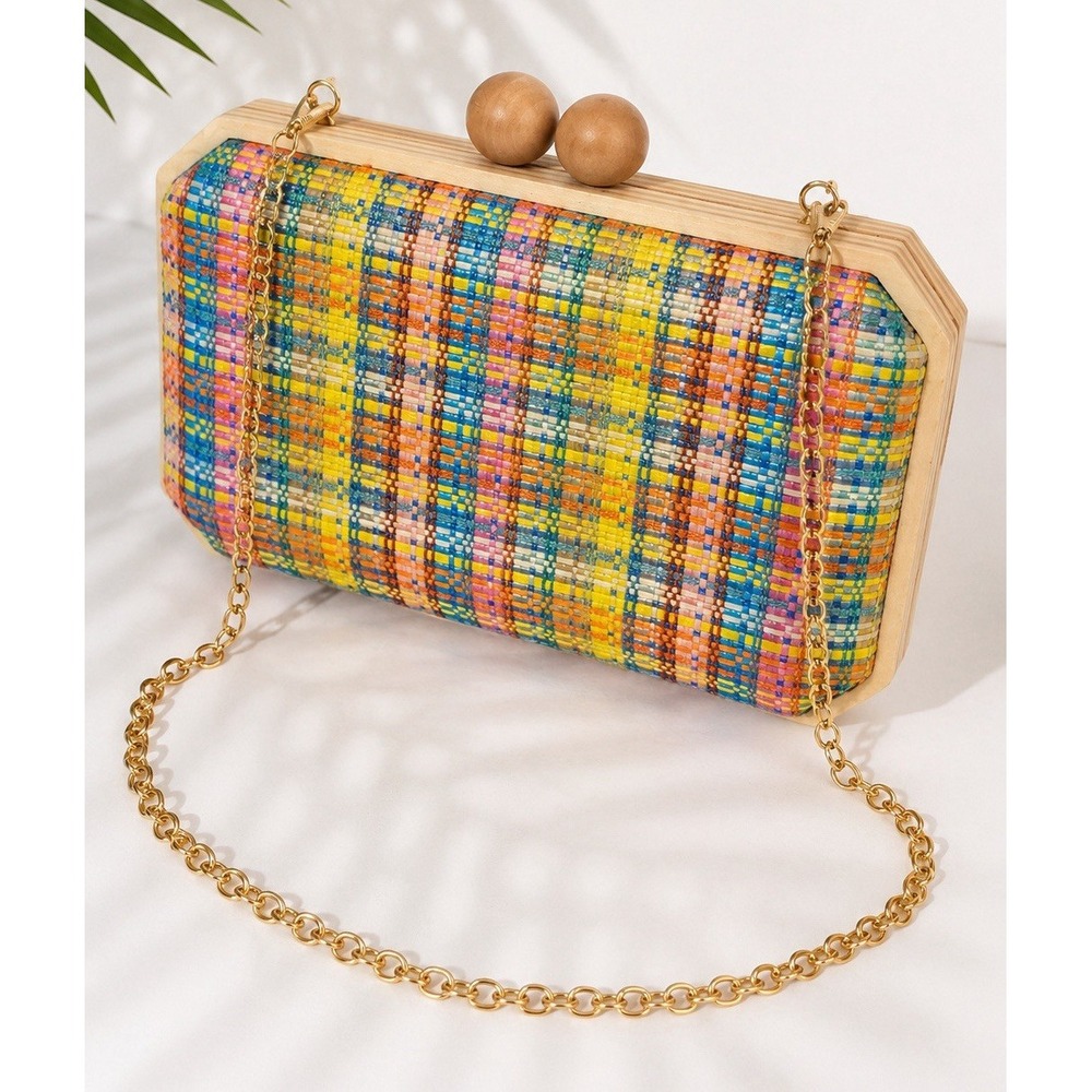 Colorful Woven Wood Frame Clutch Crossbody Bag Gold Chain Boho Resort
